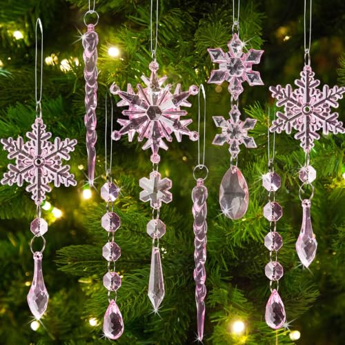 Image of 36pcs Crystal Christmas Ornaments for Tree Decorations, Pink Hanging Acrylic Snowflake Icicle Star Ornaments with Drop Pendants for Winter Wonderland Chandelier Crystals Decorations Supplies