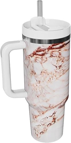Vaso aislado al vacío de acero inoxidable de 40 onzas con tapa y popote para agua, té o café helado, batido y más (mármol dorado, 40 onzas)
