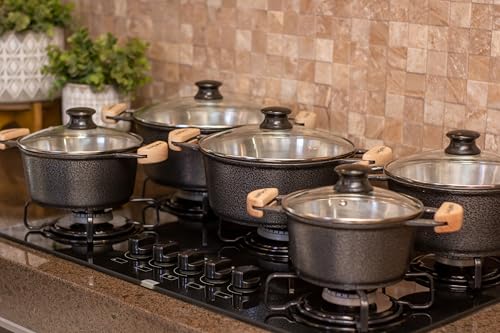 Conjunto de Panelas em Alumínio Fundido, 5 Peças, Extremamente grosso, Tampas de Vidro, Alças em Madeira, Preto