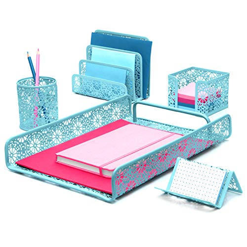 Hudstill Aqua Teal Desk Organizer Set for Women and Girls in Pretty Design with 5 Office Supplies Accessories : File Tray, Mail Sorter, Pen Cup, Holders for Sticky Notes and Business Cards