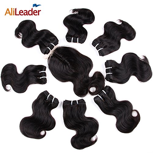 AliLeader Short Black Brazilian Virgin Body Wave Human Hair 8 Bundles with 1 Piece 2.5x4 Lace Closure for Black Women
