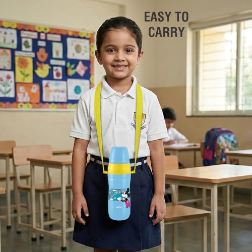 Image of MILTON Disney Kool Cheer 600 Plastic Insulated Thermo Water Bottle with Straw for School Kids I Food Grade, Leak Proof Lid with Hands free sipper, Easy to Carry Loop, Picnic, BPA Free, 520 ml,Sky Blue
