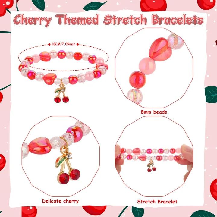 30 Sets Cherry Bracelets Gift Cherr-y Bow Party Favor Filled Beaded Bracelet Bow Cherry‘s Themed Party Decor&Thank You with A Cherry On Top Card for Bridesmaids Baby Shower Birthday Friendship Jewelry - Image 3