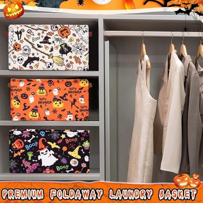Boao 3 Pack Halloween Ghost Basket with Handles Collapsible Large Canvas Storage Baskets Boo Spooky Skull Pumpkin Cat Foldable Storage Box Organizer Bins for Trick or Treat Gifts Bedroom Home Office