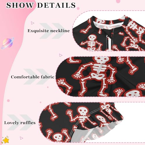 Funny Red Skulls Girls One Piece Rash Guard Swimsuit, Girls Long Sleeve Swimwear for 3-12Y4