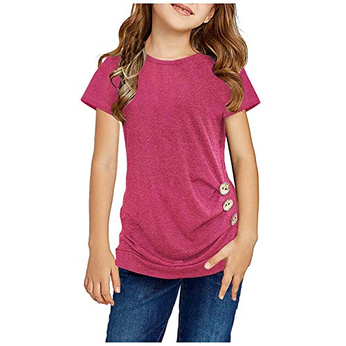 Girls Casual Solid Color Tops,Kids Girls Casual Tunic Tops Knot Front Button Short Sleeve Blouse T-Shirt Tee(Hot Pink,10-11 Years)