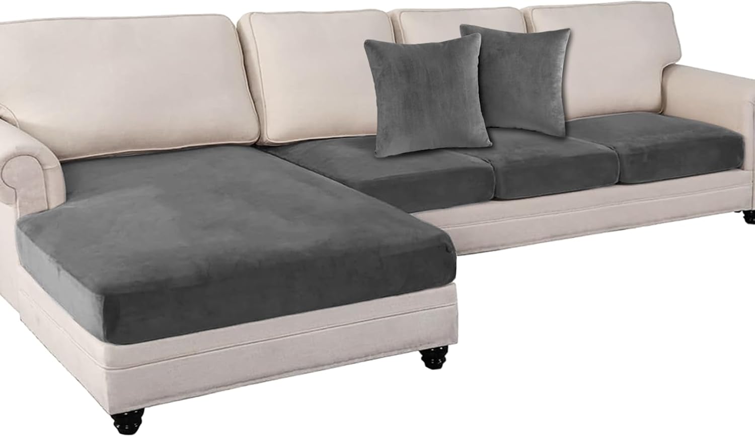 Sectional Couch Cushion Covers 4 Pieces Velvet Separate L Shape Couch Cover Stretch Sofa Slipcover Washable with 2 Pieces Pillowcases Furniture Protector