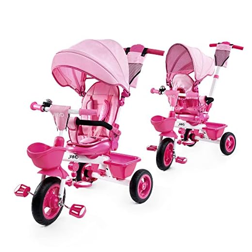 JMMD Baby Trike, 6-in-1 Kids Tricycle with Adjustable Push Handle, Removable Canopy, Safety Harness for 18 Months - 5 Year Old, Pink
