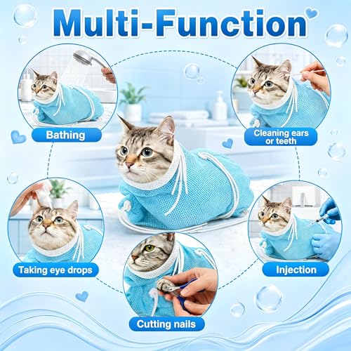 Image of Cat Bathing Bag, Catcan Breathable Cats Grooming Bag, Anti Scratch Adjustable Cat Shower Washing Bags with Mesh for Nail Trimming (White- Blue)