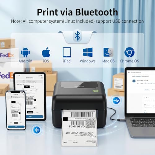 Image of Bluetooth Thermal Shipping Label Printer with Built-in Label Bin, Wireless 4x6 Label Printer for iPhone, Android, Windows & Mac, Includes 50 Labels, Works with USPS, UPS, Amazon, Etsy, Shopify, Black