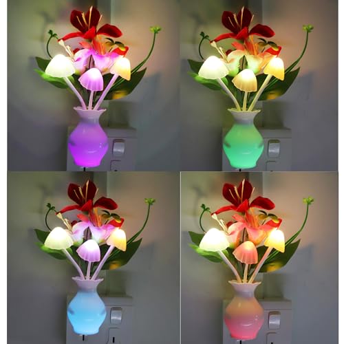 Image of AUSAYE 4PCS Plug-in Night Light with Auto Light Sensor,RGB LED Mushroom Night Light Wall Red Lily Flower Lamp for Adults Kids Nursery Room,Bedroom,Lounge,Hallway,Stairs