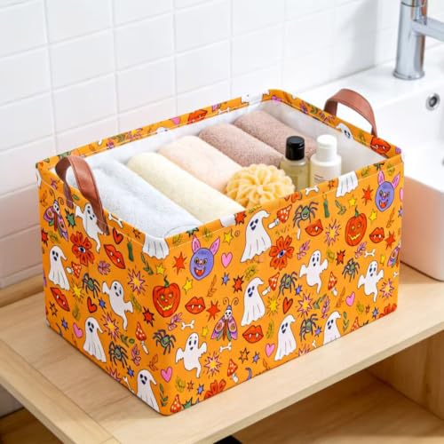 Image of NTAO Gift Storage Basket Empty for Halloween, Storage Bin with Handles, Room Decor, Book Box(Cartoon Halloween)