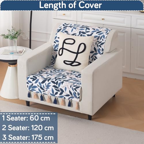 Image of HOKIPO Printed Holland Velvet Sofa Cover with Tassels for 1 Seater Sofa | Full Protection for Sofa Seat and Back | 'Whispers of Nature' (160x60 cm), Indigo Foliage (IN-1125-D10)
