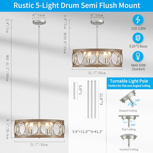 Xingqi 21.7'' Modern Farmhouse Chandelier, Drum Ceiling Light Fixture For Living Dining Room Over Table, 5 Lights Antique Wood Grain Brushed Nickel With Round Metal thumb #2