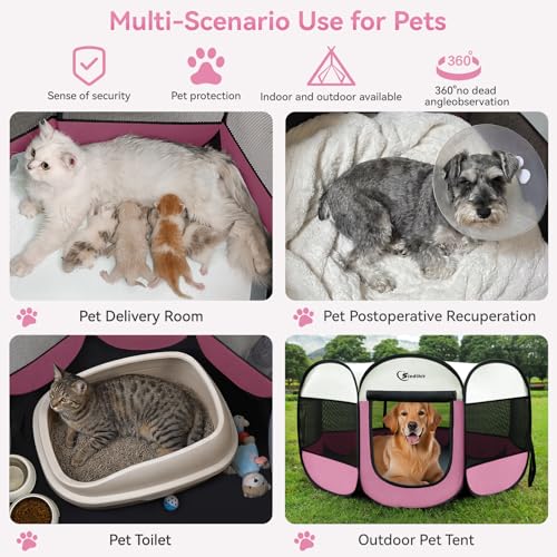 Image of Siedihit Pink Puppy Playpen for Large Dog Cat, Dog Tent Crates Cage Indoor /Outdoor, Portable Pop Up Dog Kennel with Carrying Bag for Rabbits, (Pink, Large)