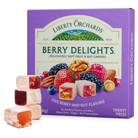Liberty Orchards, Berry Delights - Assorted Vegan Berry Snack, Gluten Free, Lokum Nuts Strawberry, Blueberry Walnut Turkish Delight Candy Gift Box 10 Oz Cover
