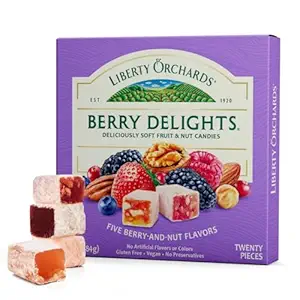 Liberty Orchards Berry Delights - Assorted Vegan Berry Snack, Gluten Free, Lokum with Nuts Strawberry, Blueberry Walnut Turkish Delight Candy Gift Box 10 Oz