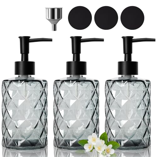 Omtofo Lot de 3 distributeurs de savon liquide avec pompe, noir, verre, salle de bain, comptoirs de cuisine