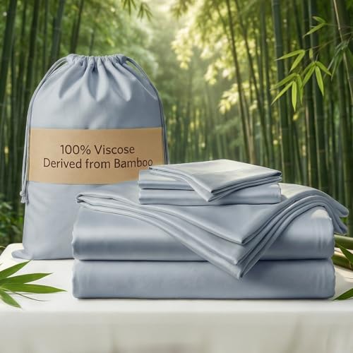 Image of Real 100% Viscose Derived from Bamboo Sheets Set King Size, Cooling & Silky Soft for Hot Sleeper, Luxury with Breathable & Moisture Wicking Fabric, 18 inch Deep Pocket with Corner Straps (Sterling Blue,K)