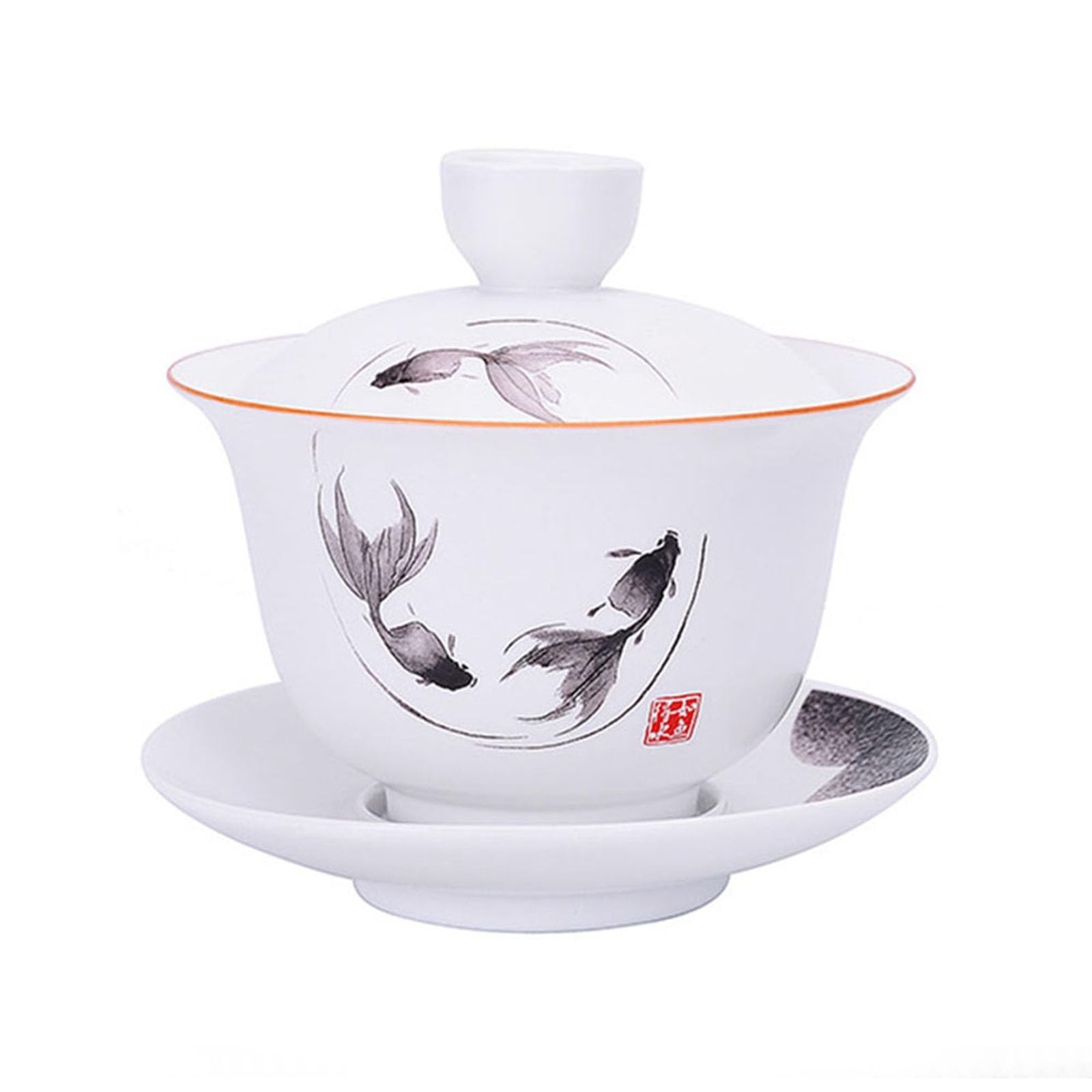 Porcelain Gaiwan 8oz Teacup White Glazed Tureen Chinese Sancai Cover Bowl Lip Cup Saucer Set (Fish)
