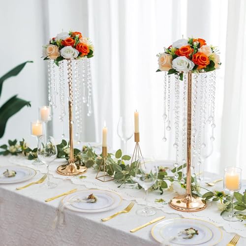 2 Pcs Crystal Flower Stand Wedding Centerpieces for Tables, 21.7 in Tall Tabletop Gold Metal Flower Arrangement Holder, Elegant Bulk Metal Vases for Wedding Party Event Reception, Birthday - Image 7