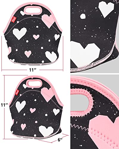 Yookee Home Kids Lunch Bag, Insulated Lunch Bag And Reusable Small Lunch Bag, Soft Neoprene Lunch Tote Bag With Zipper For Adults Kids Nurse Teacher School Work Outdoor Travel Picnic,Black Heart #TOP4