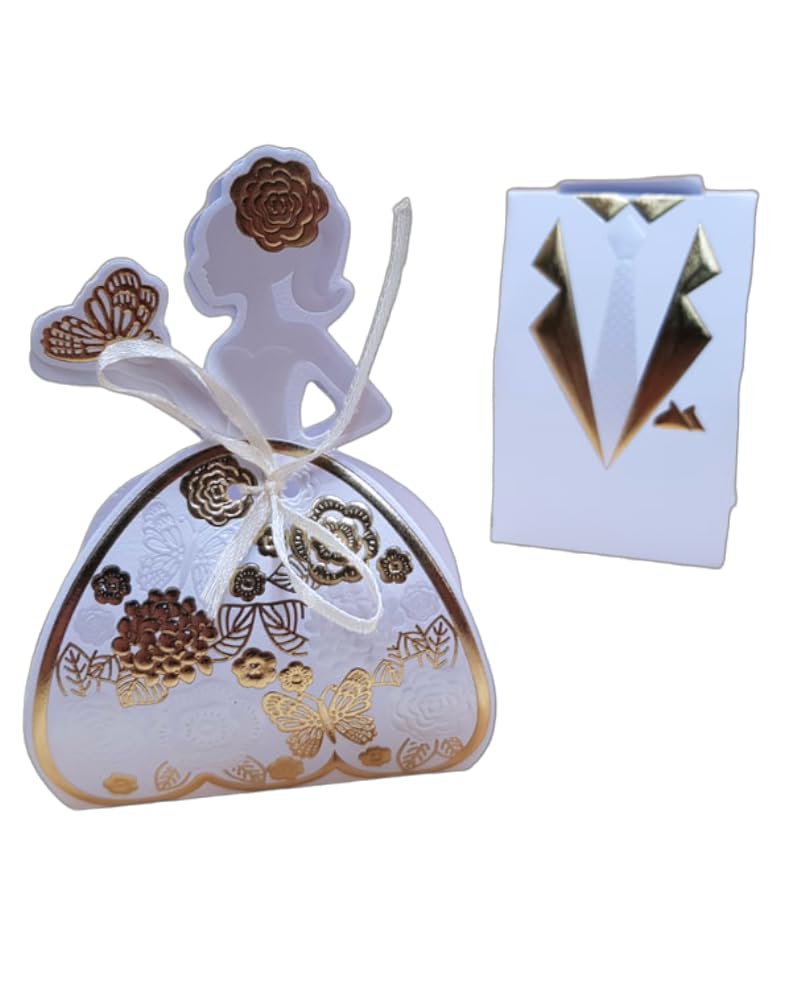 Boîte à dragée motif costume couple mariage X50 (or)