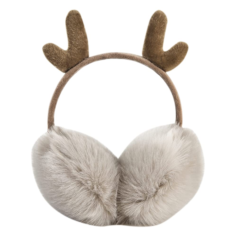 Faux Furry Elk Antlers Earmuffs - Fluffy, Adjustable, Cute Winter Ear Warmers for Women & Girls