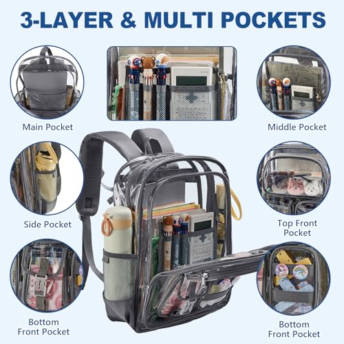 Image of Grey Clear Backpack Heavy Duty, Large Clear Bookbag for Boys Girls Adult, See Through Book Bag Transparent Backpacks with Multiple Pockets for School College Work Casual
