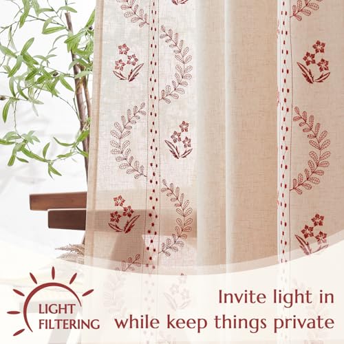 Image of jinchan Floral Linen Curtains 63 Inch Farmhouse Back Tab 2 Panels