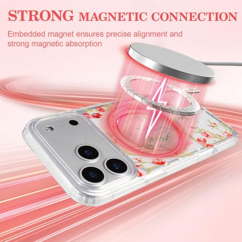 Étui iPhone 17 Pro à fleurs rouge compatible MagSafe, idée cadeau femme