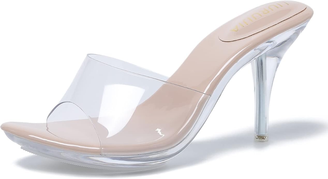 LIURUIJIA Clear Heels For Women Sexy Slip On Open Toe High Heeled Dressy Sandals Comfortable Strappy Mules