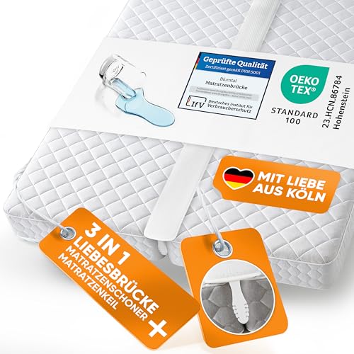 Blumtal Set Liebesbrücke für Matratzen + Matratzenkeil bis 240 cm Gesamtbreite - wasserdichter Matratzenverbinder mit Spanngurten 90 cm Länge + Ritzenfüller T-Keil - Matratzenbrücke waschbar 60 °C