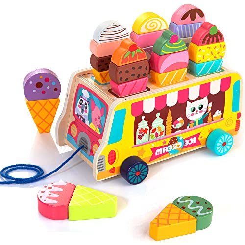 WOODMAM Juguete de Camión de Helado de Madera para Niños 28 piezas Juguete de Heladería de Madera Tienda de Helados Multicolor con Accesorios Magnéticos Juguetes Montessori para Niñas Niños de 3+ Años