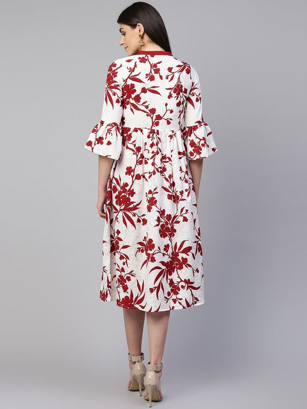 Image of RANGMAYEE Women White and Maroon Printed A-Line Midi Dress