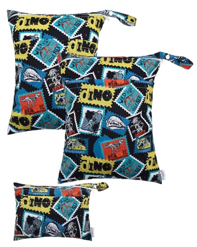 Image of ALVABABY 3 Cloth Diaper Wet Dry Bags Waterproof Reusable with Two Zippered Pockets Travel Beach Pool Daycare Soiled Baby Items Yoga Gym Bag for Swimsuits or Wet Clothes Small medium Large 3L-SML09