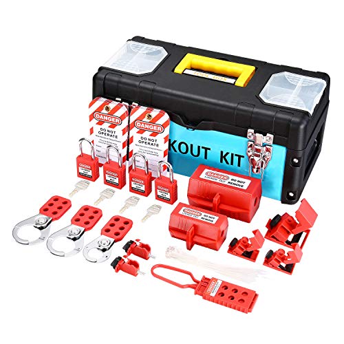 Holulo Lockout Tagout Kit for Common Breakers, Including 10 Lockout Tag, 4 Safety Padlock,4 Lockout Hasp,5 Breaker Lockout, 2 Plug Lockout,Tool Box, Plastic Buckle