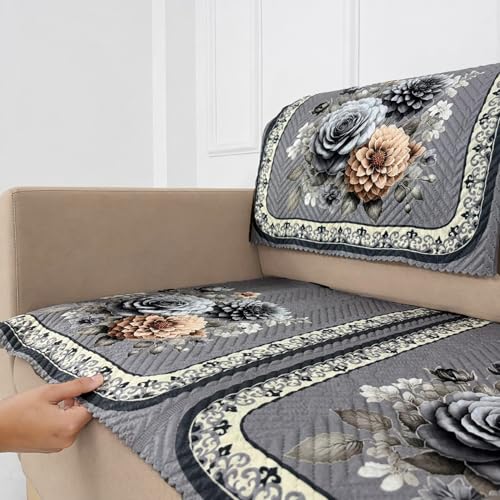 Image of Homerz 'Brooklyn Series' Premium Sofa Cover | Quilted Floral Design | Non-Slip Washable Sofa Protector | Soft Anti Slip Fabric (Grey, 5 (3+2) Seater, Seat Cover with Backrest)