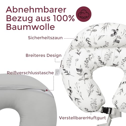 Momcozy Stillkissen mit Sicherheitsumrandung – Ergonomisches Still- und Lagerungskissen mit verstellbarem Gurt & abnehmbarem Baumwollbezug,Blätter in blasser Tinte