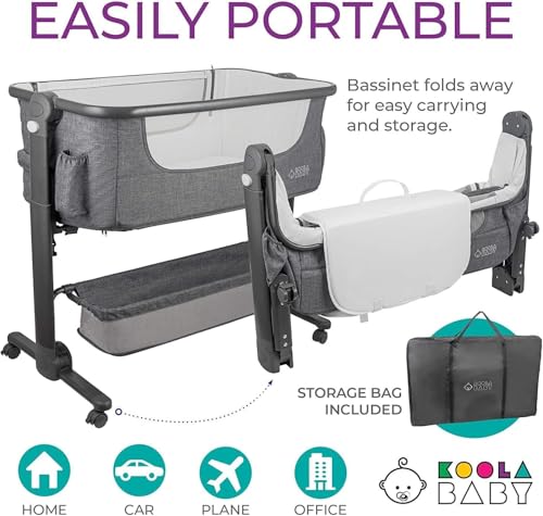 Image of KoolerThings Baby Bassinet, Bedside Sleeper for Baby, Easy Folding Portable Crib with Storage Basket for Newborn, Bedside Bassinet, Comfy Mattress /Travel Bag Included (Bassinet) (Grey)