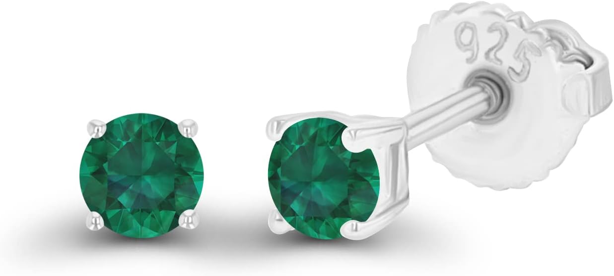14K Gold Plated 925 Sterling Silver Hypoallergenic 3mm Round Genuine Birthstone Solitaire Screwback Stud Earrings