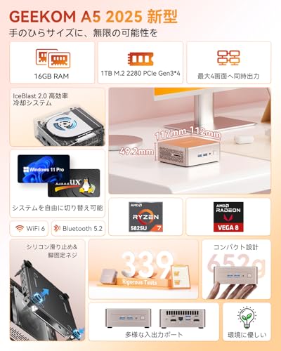undefined 【3年保証】GEEKOM A5 ミニpc AMD Ryzen7 5825U搭載 128GB+10TB SSD(拡張可能)mini pc 冷却·高放熱·静音設計 Windows11 Pro正規版|日本認証済み|全金属製内枠|SDカードリーダー|軽量650g|2.5G LAN|超小型PC|省エネ設計|VESAマウント オフィス/動画編集/ゲームに最適 16GB+1TB の商品画像 1