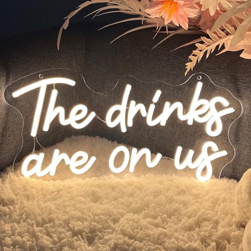 Image of The Drinks are On Us Neon Sign for Wall Decor Wedding Light Up Neon Sign Indoor Bedroom Home Decor LED Neon Signs Large Backdrop Flex Christmas Living Room Girls Boys Gift,USB Warm White 40x20.8 CM
