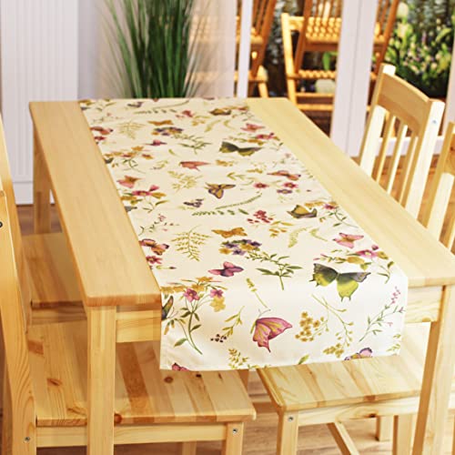 Kamaca Nappes, chemins de table et taies d'oreiller au choix Motif 'Papillons dans une prairie en fleurs' Couleur crème avec des tons pastels tendres Un bijou dans toute pièce , Polyester, creme - bunt, Tischläufer 40x140 cm