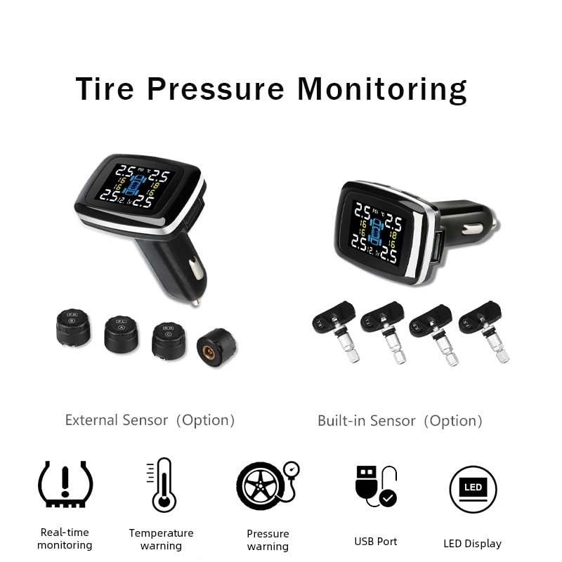 Tpms Sistema di monitoraggio della Pressione dei Pneumatici Digitale for Auto Porta USB Allarme di Sicurezza 4 Sensore Esterno/Interno Impermeabile Pressione Pneumatici(External Sensors)