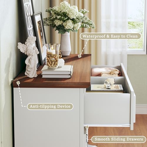 Image of HUAHUU Farmhouse 6 Drawer Dresser for Bedroom, 47 inch Wide Chest of Drawers with Roman Column, White Wood Dresser with Antique Bronze Circle Handles, Storage Organizer for Living Room, Hallway, Entryway