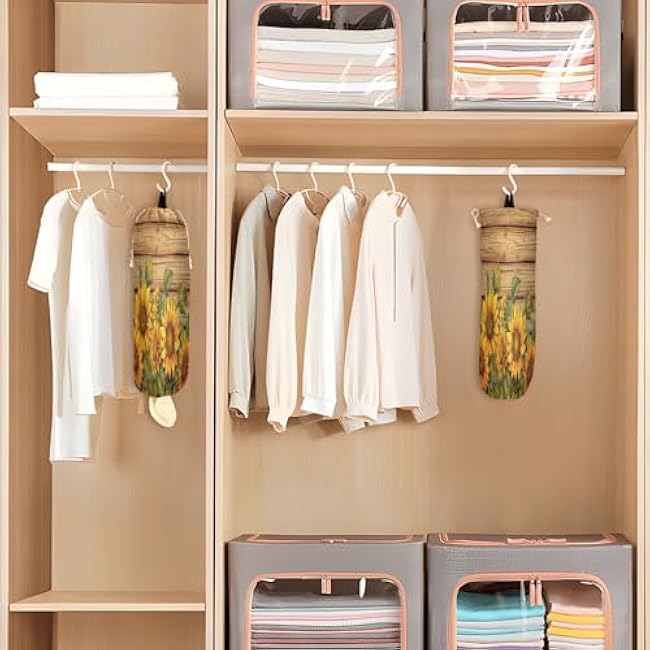 2 Pcs Wood Grain Sunflower Plastic Bag Holder Wall Mount Garbage Plastic Bag Organizer Kitchen Grocery Bag Storage Dispenser Home Decor