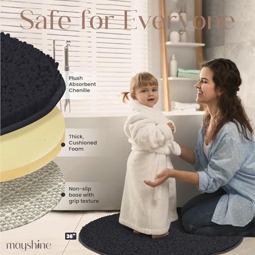 Image of MAYSHINE Round Area Rug Set for Bathroom | Soft Plush Chenille Bath Mat, Water Absorbent Non-Slip Bathroom Rug | Washable Shag Carpet for Shower, Bedroom, or Home Decor | 36 inchx36 inch (Round) | Black
