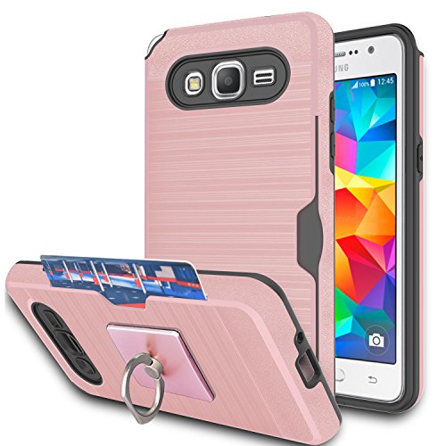 Galaxy Grand Prime Case,Galaxy J2 Prime Case with Phone Stand,Ymhxcy [Credit Card Slots Holder][Brushed Texture] Dual Layer Shockproof Protective Cover for Samsung Galaxy G530H-LCK Rose Gold