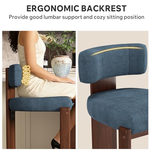 Image of Bar Stools Set of 6, Upholstered Counter Height Bar Stools, Mid Century Modern Counter Stools with Curved Backrest, Solid Wood Legs, 26 inch Bar Chairs for Kitchen Island Bar, Blue